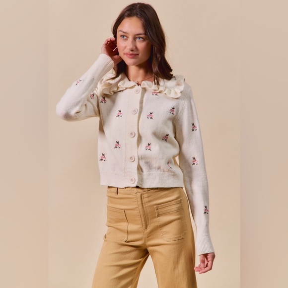 Collared Floral Embroidered Button Down Sweater Cardigan